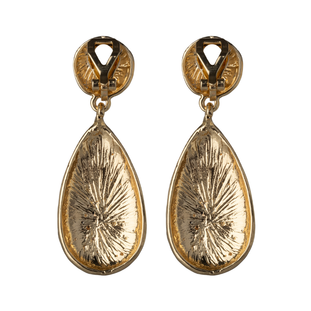 Gold Hammered Teardrop Clip On Statement Dangling Earrings