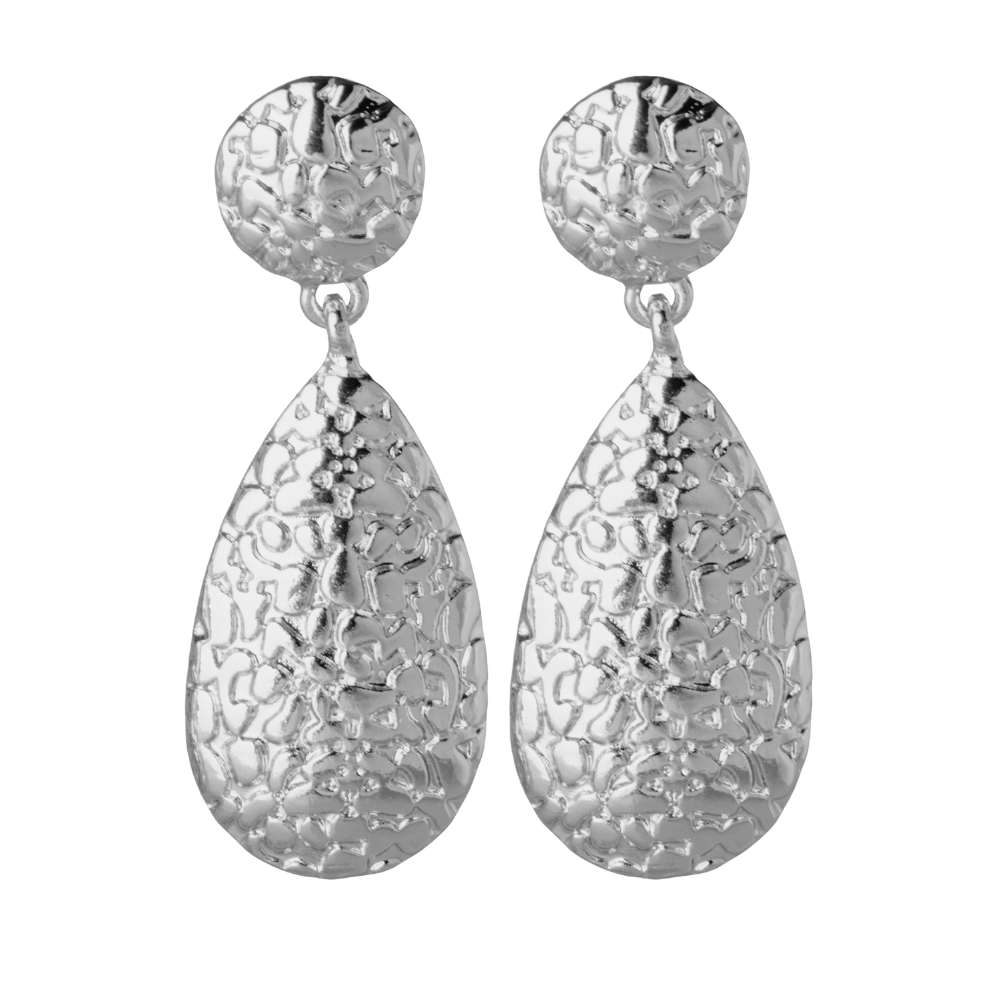 Silver Hammered Teardrop Clip On Statement Dangling Earrings