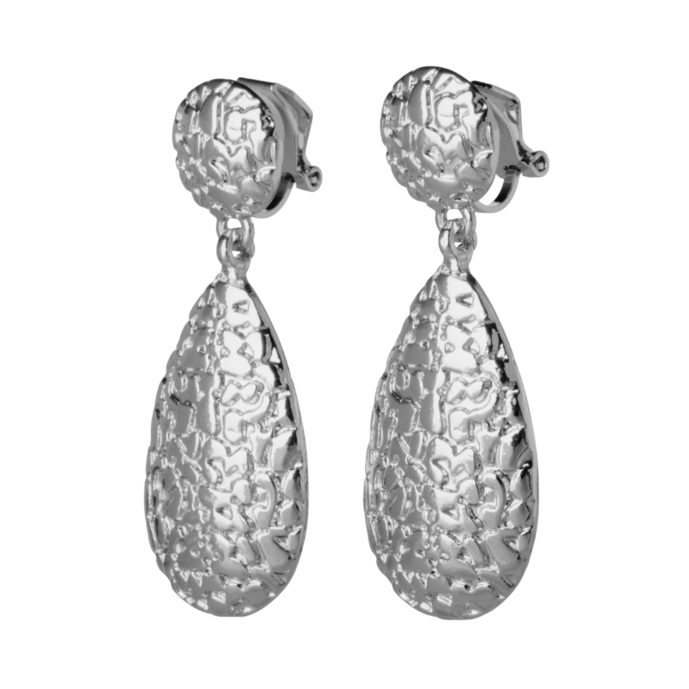 Silver Hammered Teardrop Clip On Statement Dangling Earrings