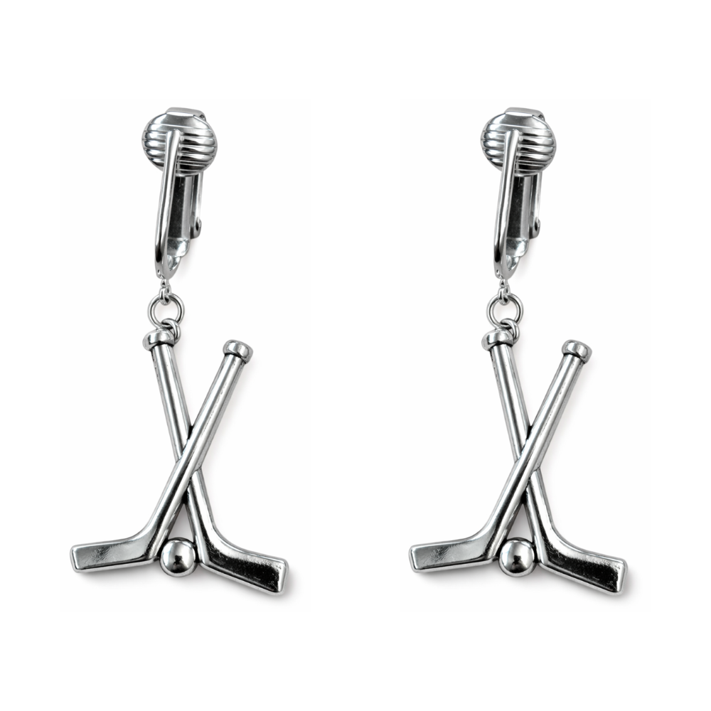 Silver Hockey Sticks Clip On Dangling Earrings