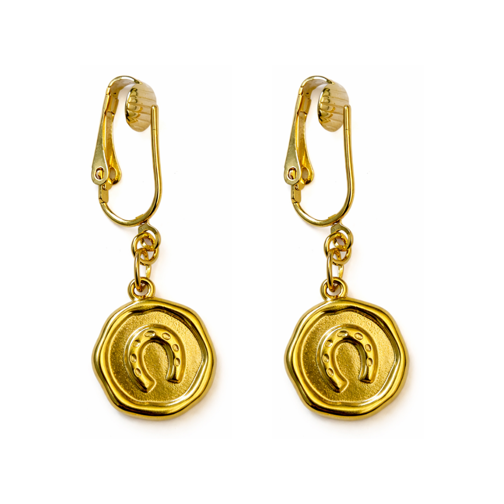 Gold Horseshoe Charm Clip On Dangling Earrings