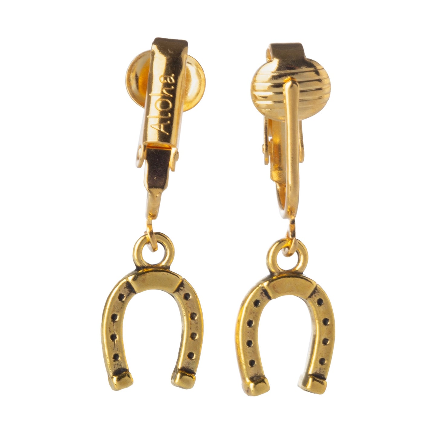 Gold Horseshoes Clip On Dangling Earrings