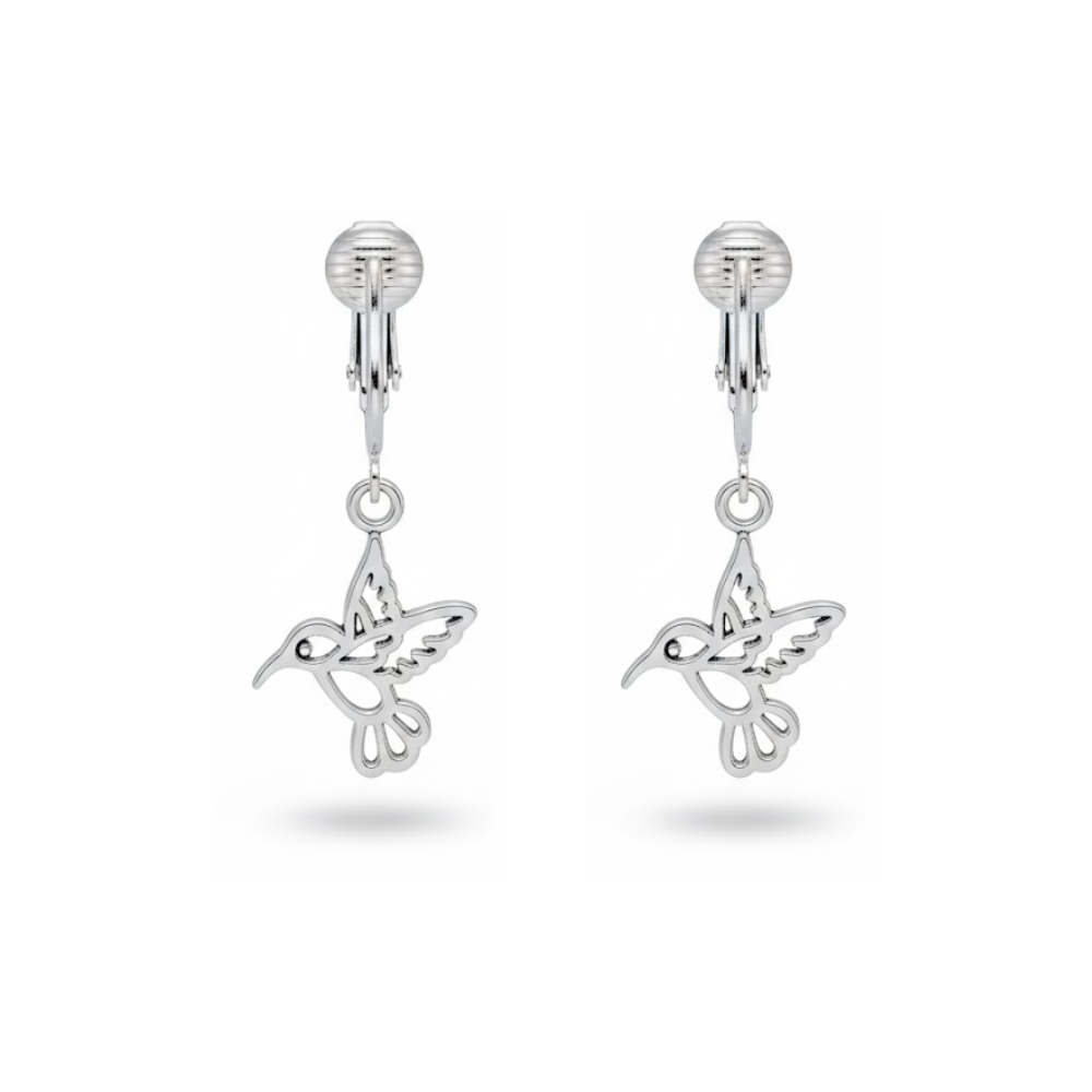 Silver Hummingbirds Clip On Dangling Earrings
