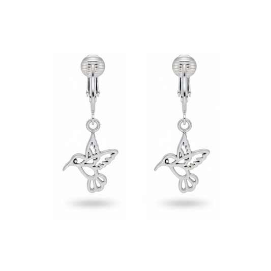 Silver Hummingbirds Clip On Dangling Earrings