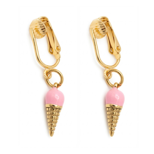 Pink Ice Cream Cones Gold Clip On Dangling Earrings