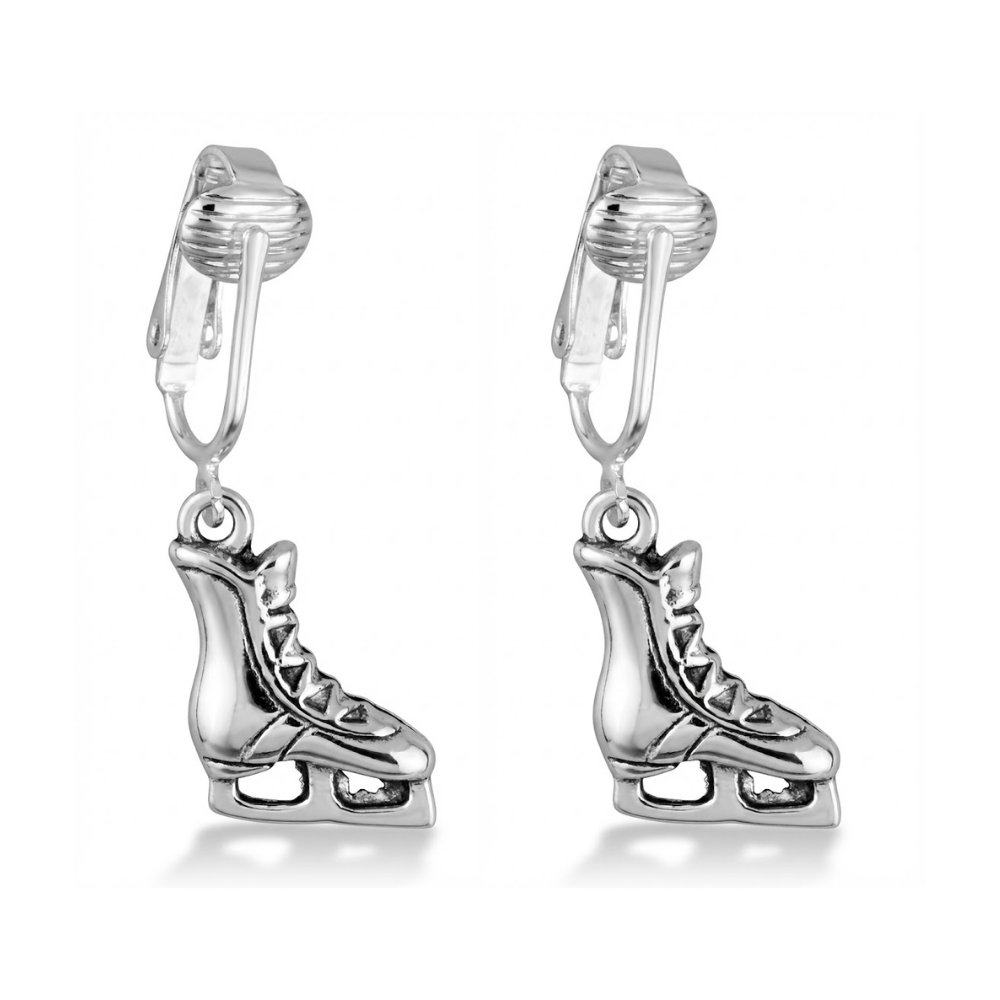 Silver Ice Skates Clip On Dangling Earrings