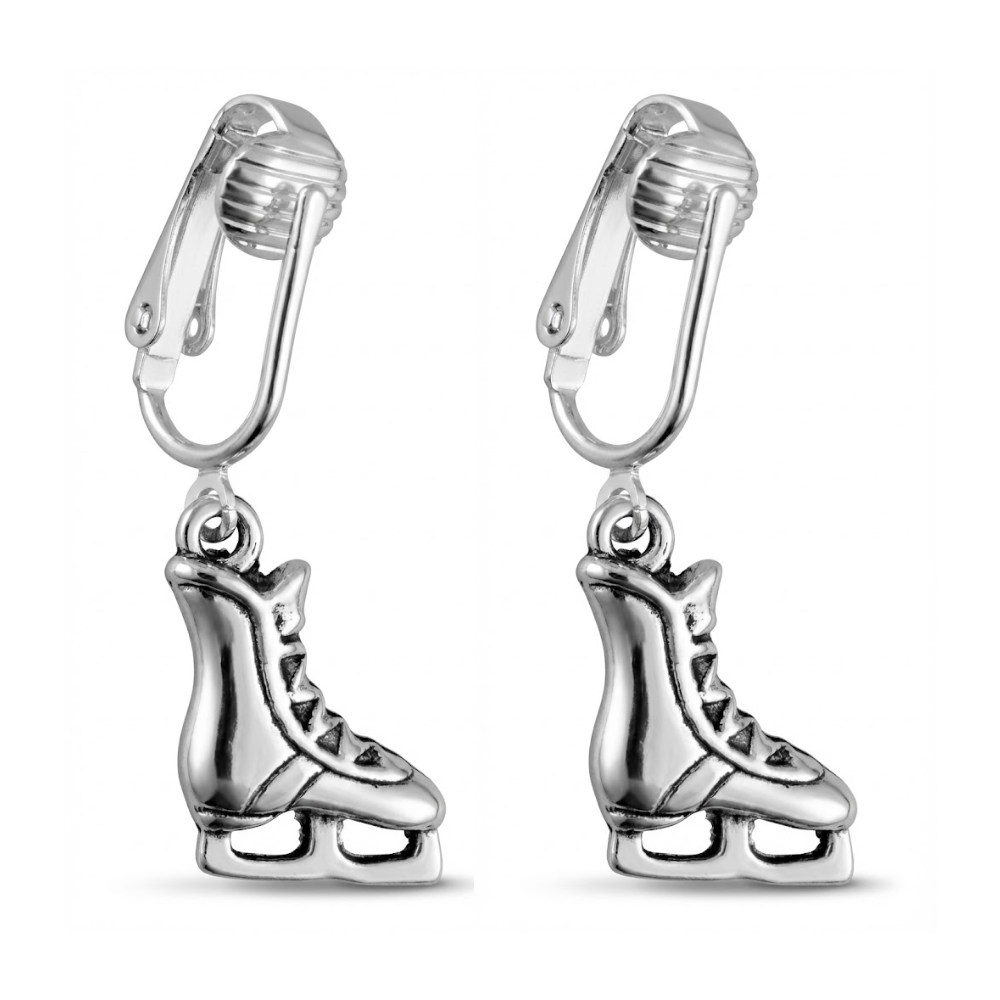 Silver Ice Skates Clip On Dangling Earrings