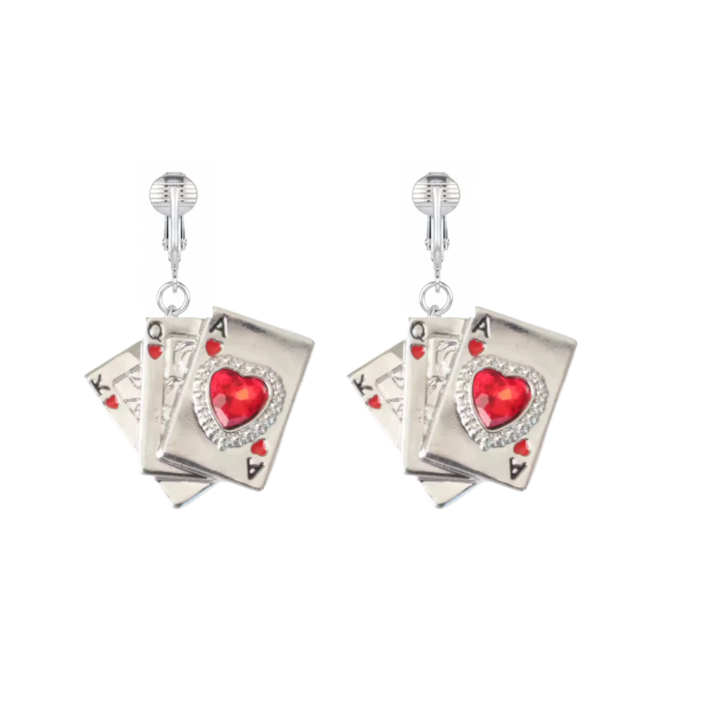 King Queen Ace of Hearts Card Silver Clip On Dangling Earrings