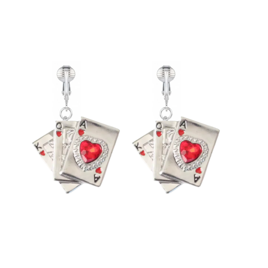 King Queen Ace of Hearts Card Silver Clip On Dangling Earrings