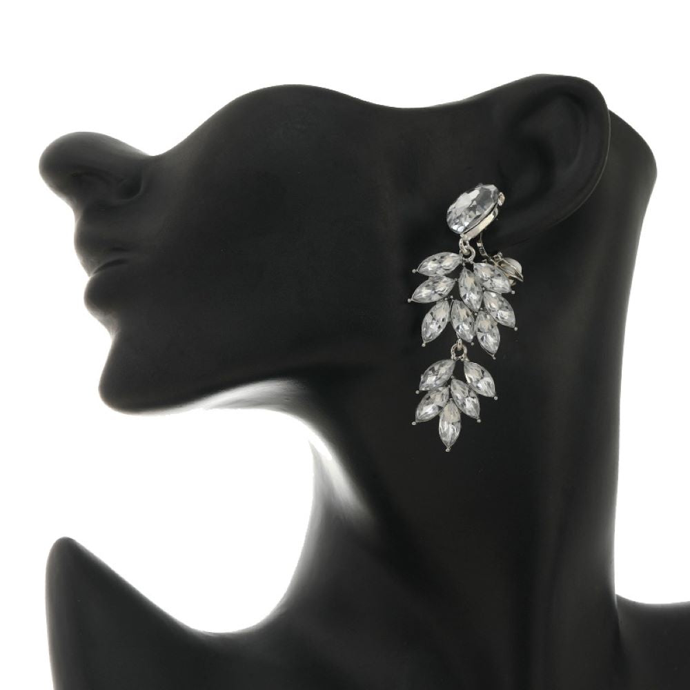 Silver Crystal Leaf Cluster Drops Clip On Dangling Earrings
