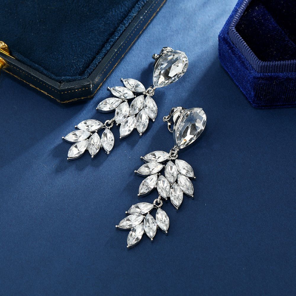 Silver Crystal Leaf Cluster Drops Clip On Dangling Earrings