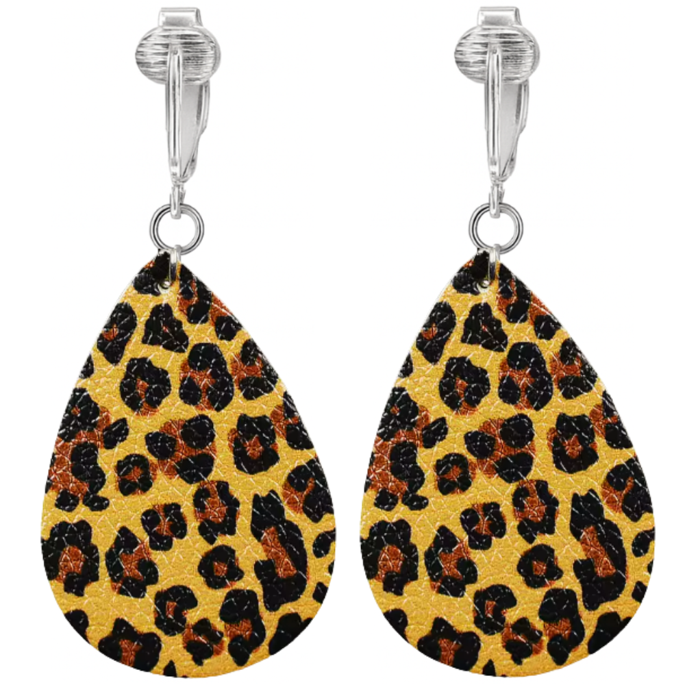 Faux Leather Animal Print Teardrop Shaped Clip On Dangling Earrings