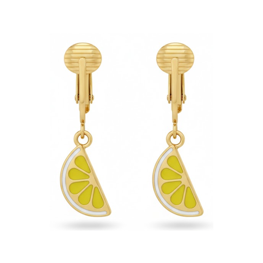 Lemons Gold Clip On Dangling Earrings