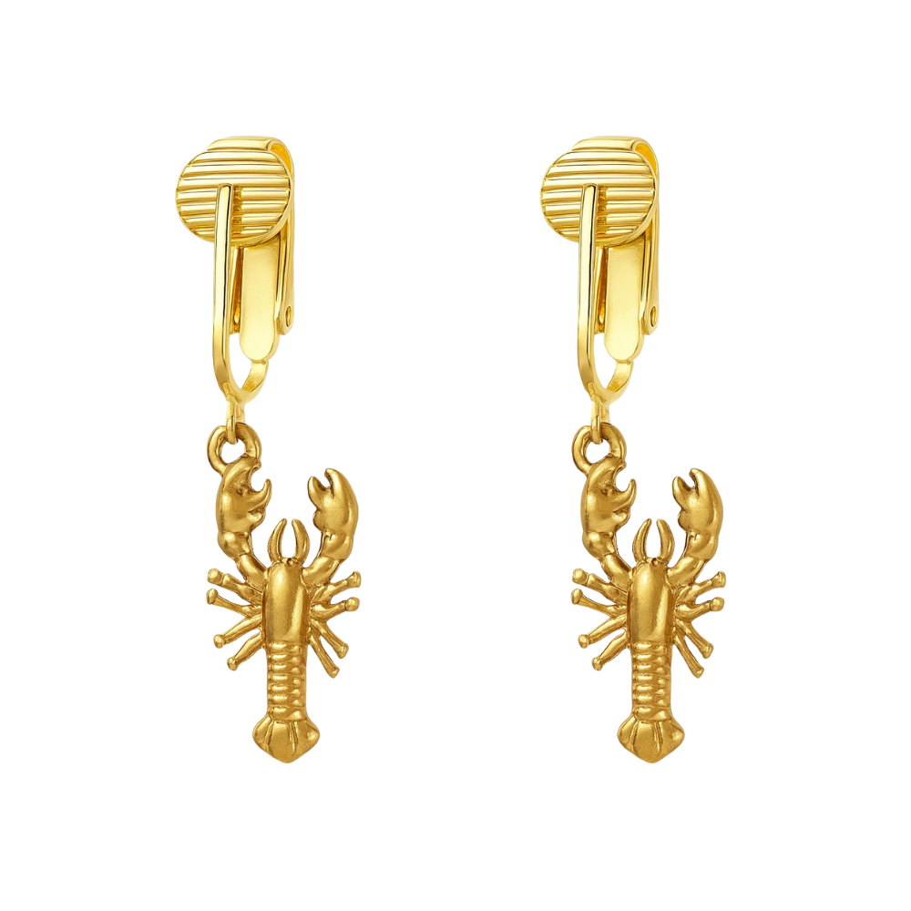 Gold Lobsters Clip On Dangling Earrings
