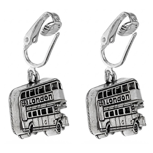Silver London Bus Clip On Dangling Earrings