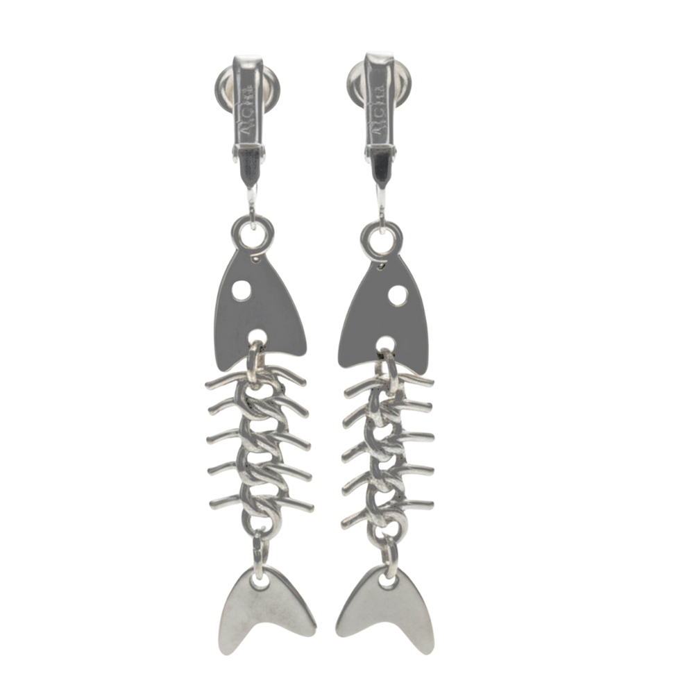 Silver Long Fishbone Clip On Dangling Earrings