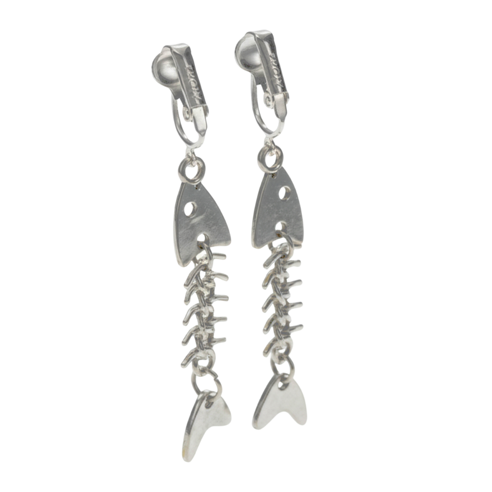 Silver Long Fishbone Clip On Dangling Earrings