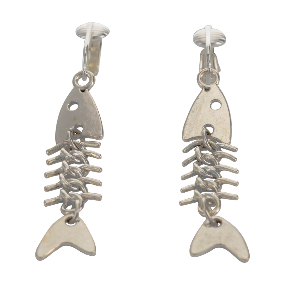 Silver Long Fishbone Clip On Dangling Earrings