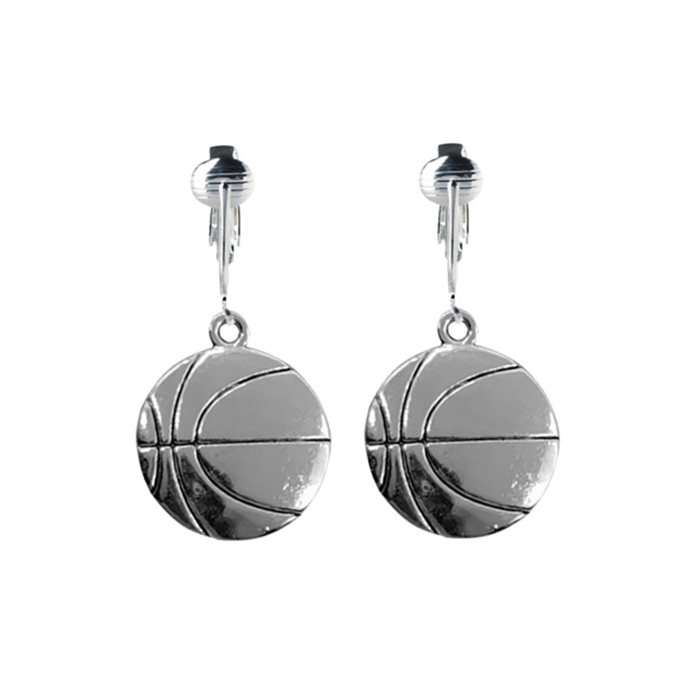 Silver Basketball Clip On Dangling Earrings