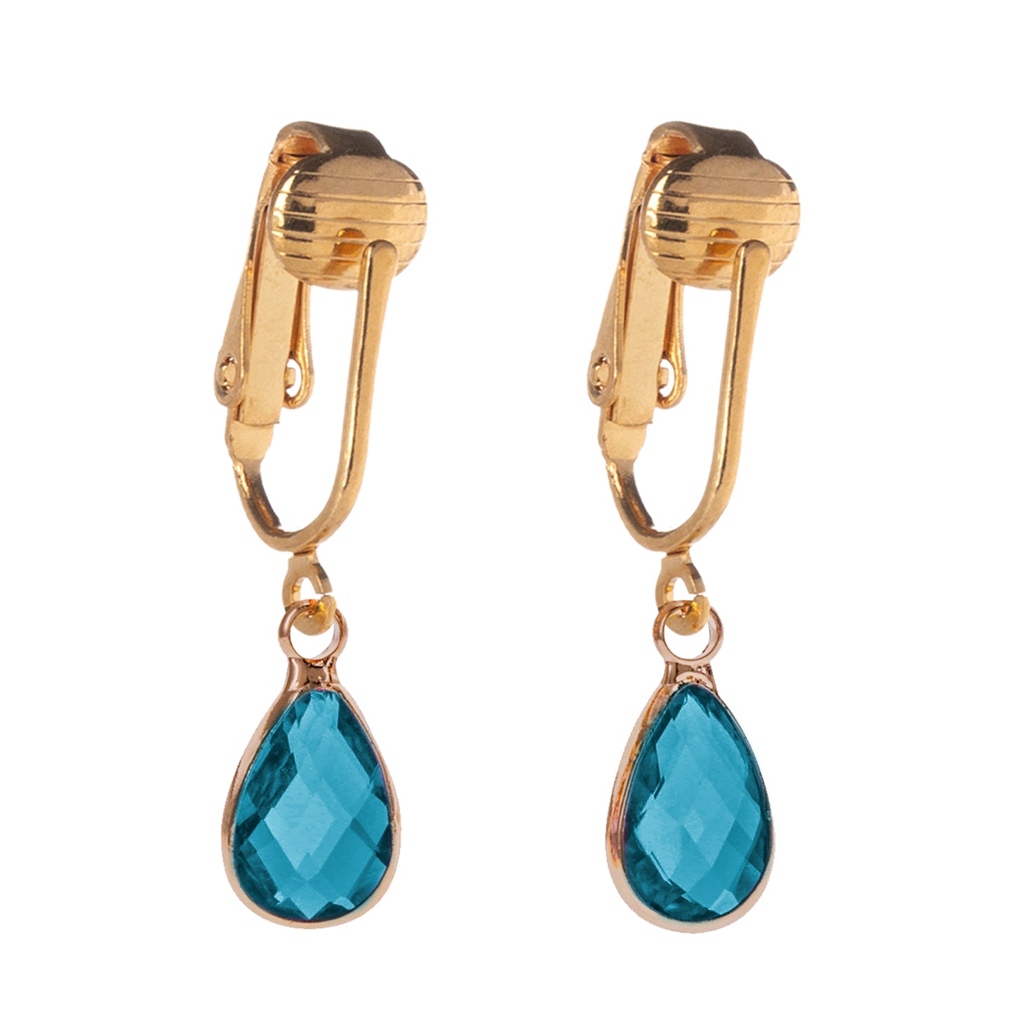 Gold Teardrop Birthstone Clip On Dangling Earrings