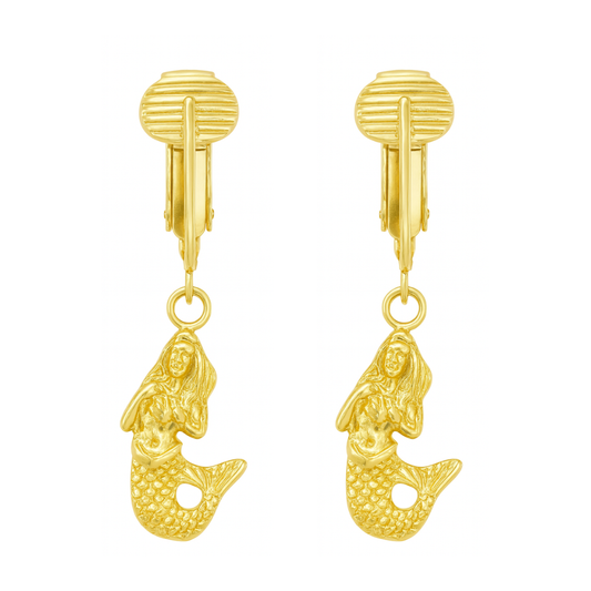 Gold Mermaids Clip On Dangling Earrings