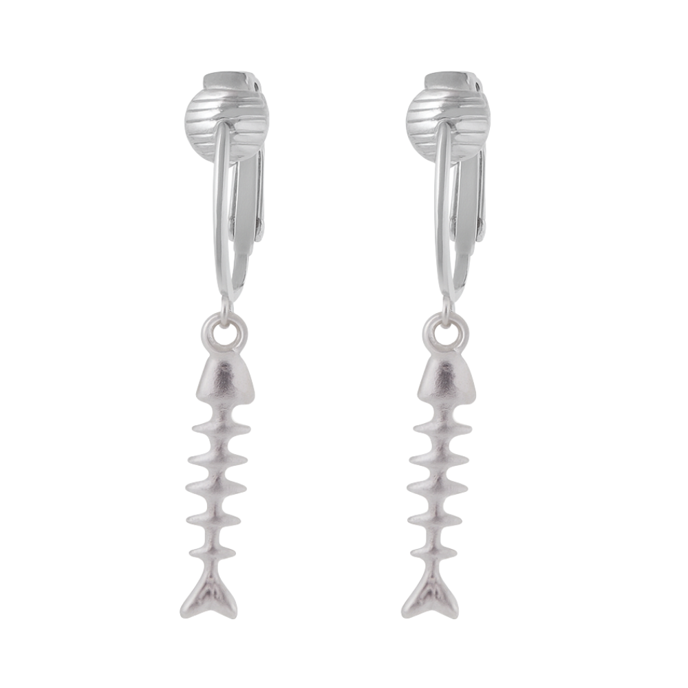 Silver Mini Fishbones Clip On Dangling Earrings