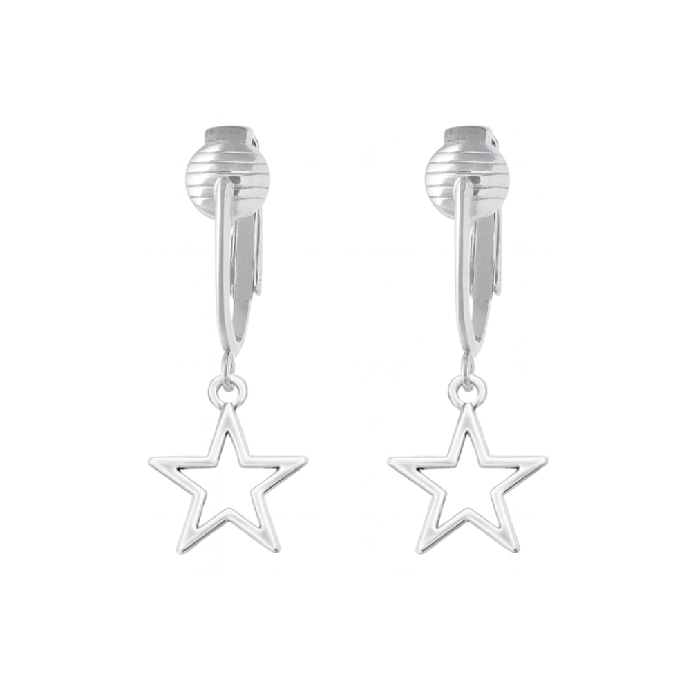 Silver Mini Star Outline Clip On Dangling Earrings