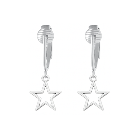 Silver Mini Star Outline Clip On Dangling Earrings