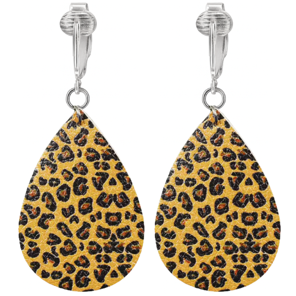 Faux Leather Animal Print Teardrop Shaped Clip On Dangling Earrings