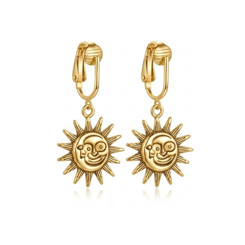 Gold Moon and Sun Clip On Dangling Earrings