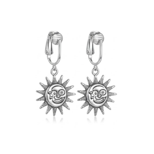 Silver Moon and Sun Clip On Dangling Earrings