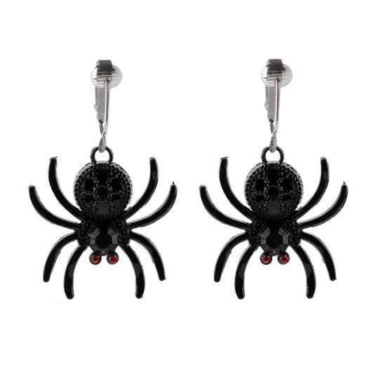 Black Spiders Silver Clip On Dangling Earrings