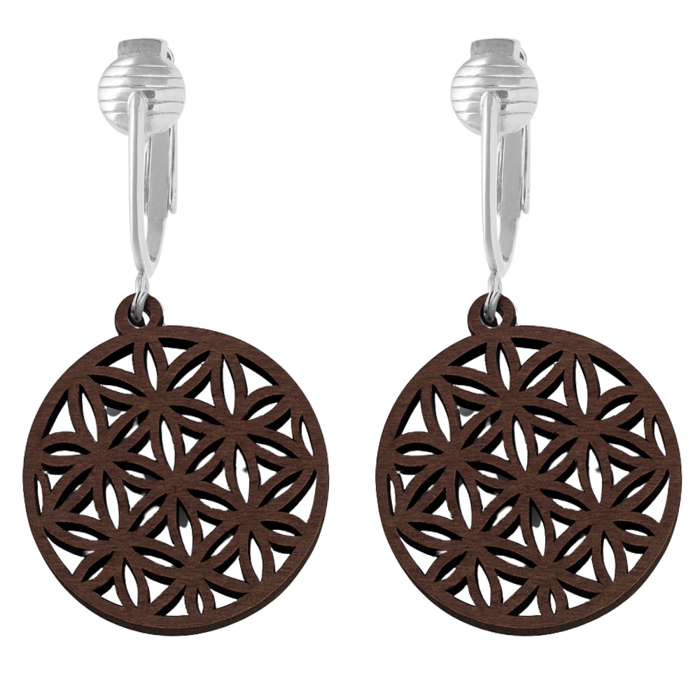 Silver Wooden Flower Circle Clip On Dangling Earrings
