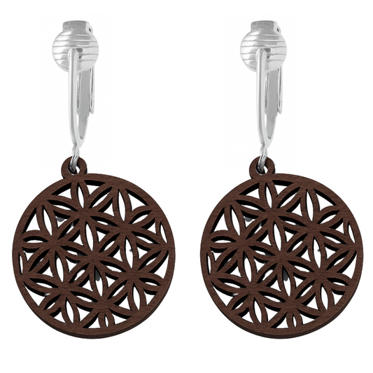 Silver Wooden Flower Circle Clip On Dangling Earrings