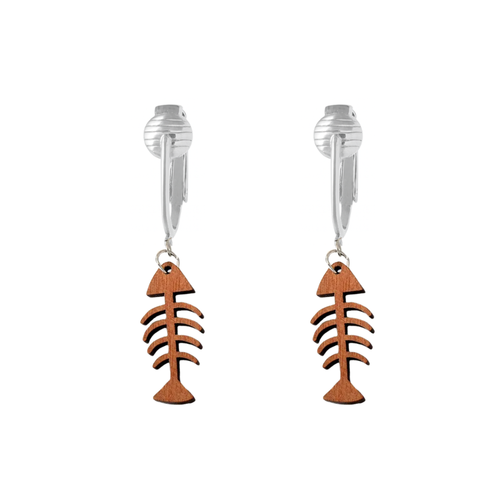 Silver Wooden Fishbone Clip On Dangling Earrings