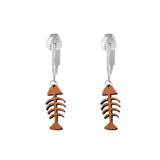 Silver Wooden Fishbone Clip On Dangling Earrings