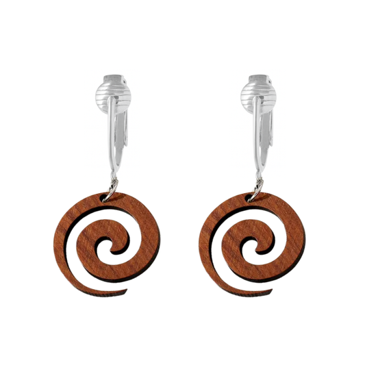 Silver Wooden Spiral Clip On Dangling Earrings