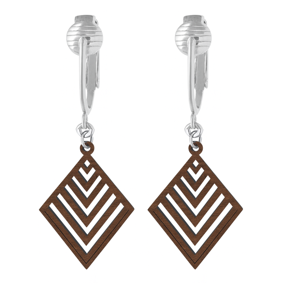 Silver Wooden Diamond Cutouts Clip On Dangling Earrings