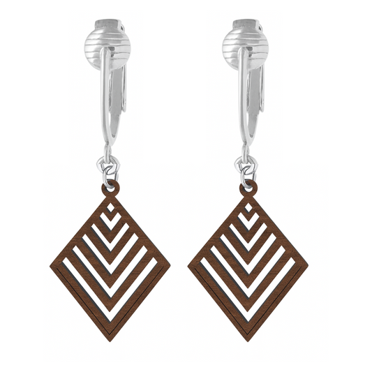Silver Wooden Diamond Cutouts Clip On Dangling Earrings