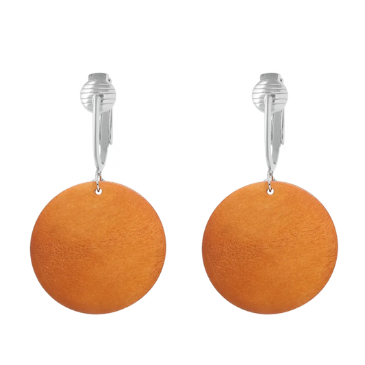 Silver Wooden Orange Circles Clip On Dangling Earrings