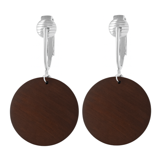 Silver Wooden Brown Circles Clip On Dangling Earrings