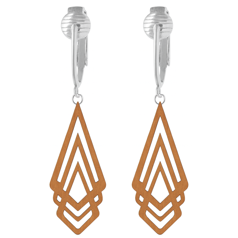 Silver Wooden Hollow Diamonds Clip On Dangling Earrings