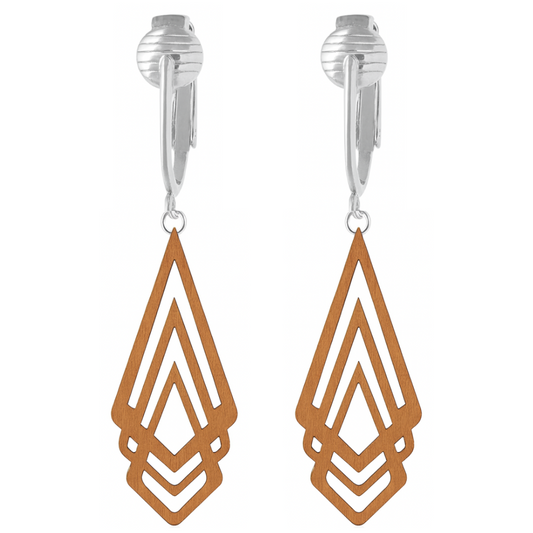 Silver Wooden Hollow Diamonds Clip On Dangling Earrings