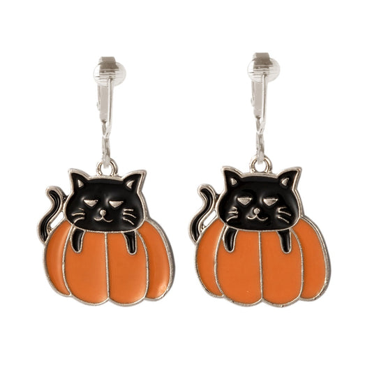 Black Cat in Pumpkin Silver Clip On Dangling Earrings