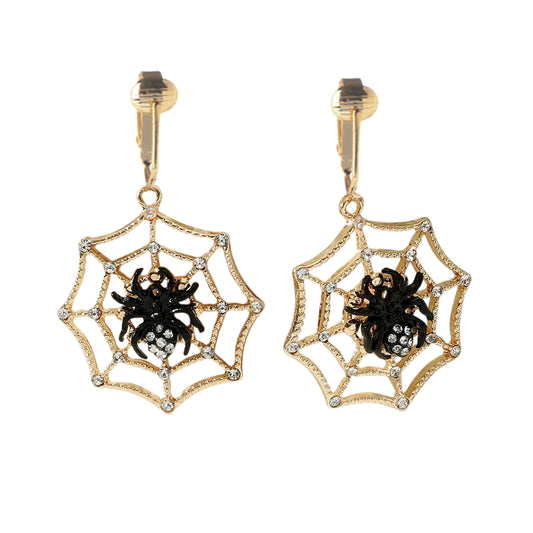 Black Spider on Crystal Spiderweb Gold Clip On Dangling Earrings