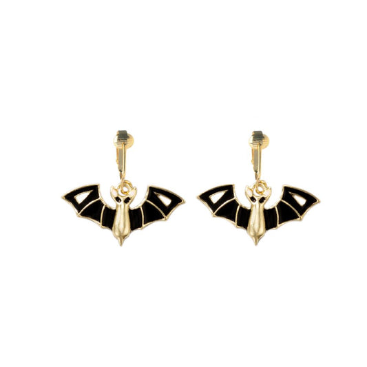 Black Bat Gold Clip On Dangling Earrings