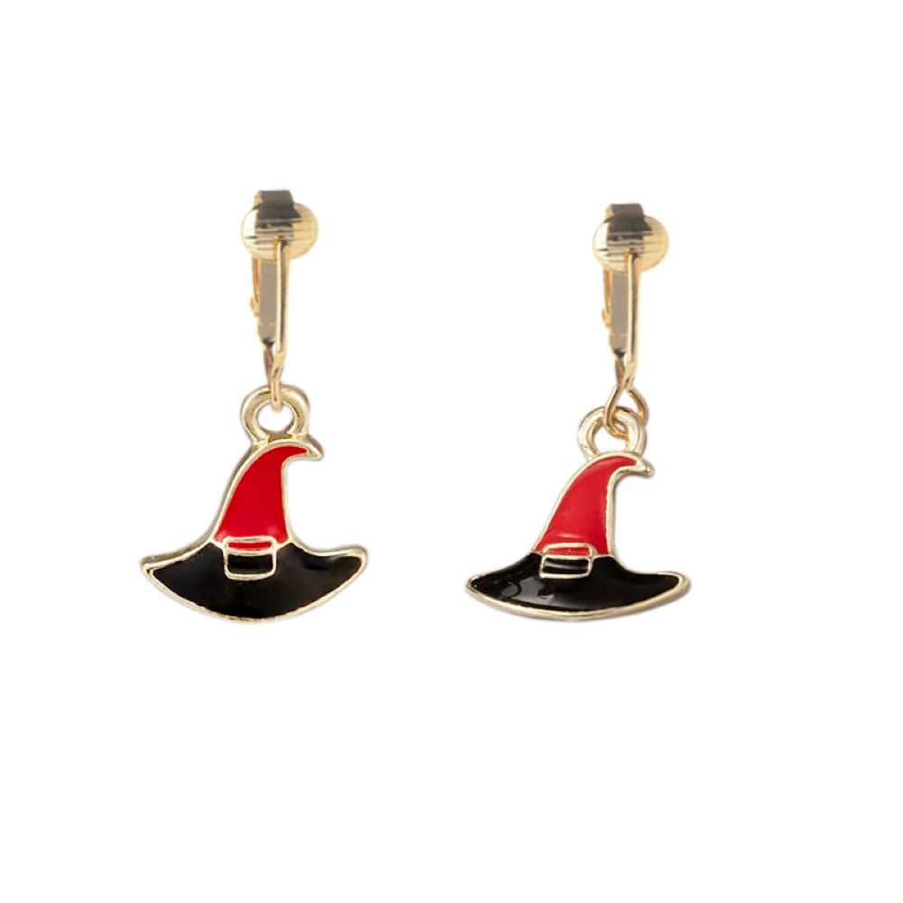 Red and Black Witch Hat Gold Clip On Dangling Earrings
