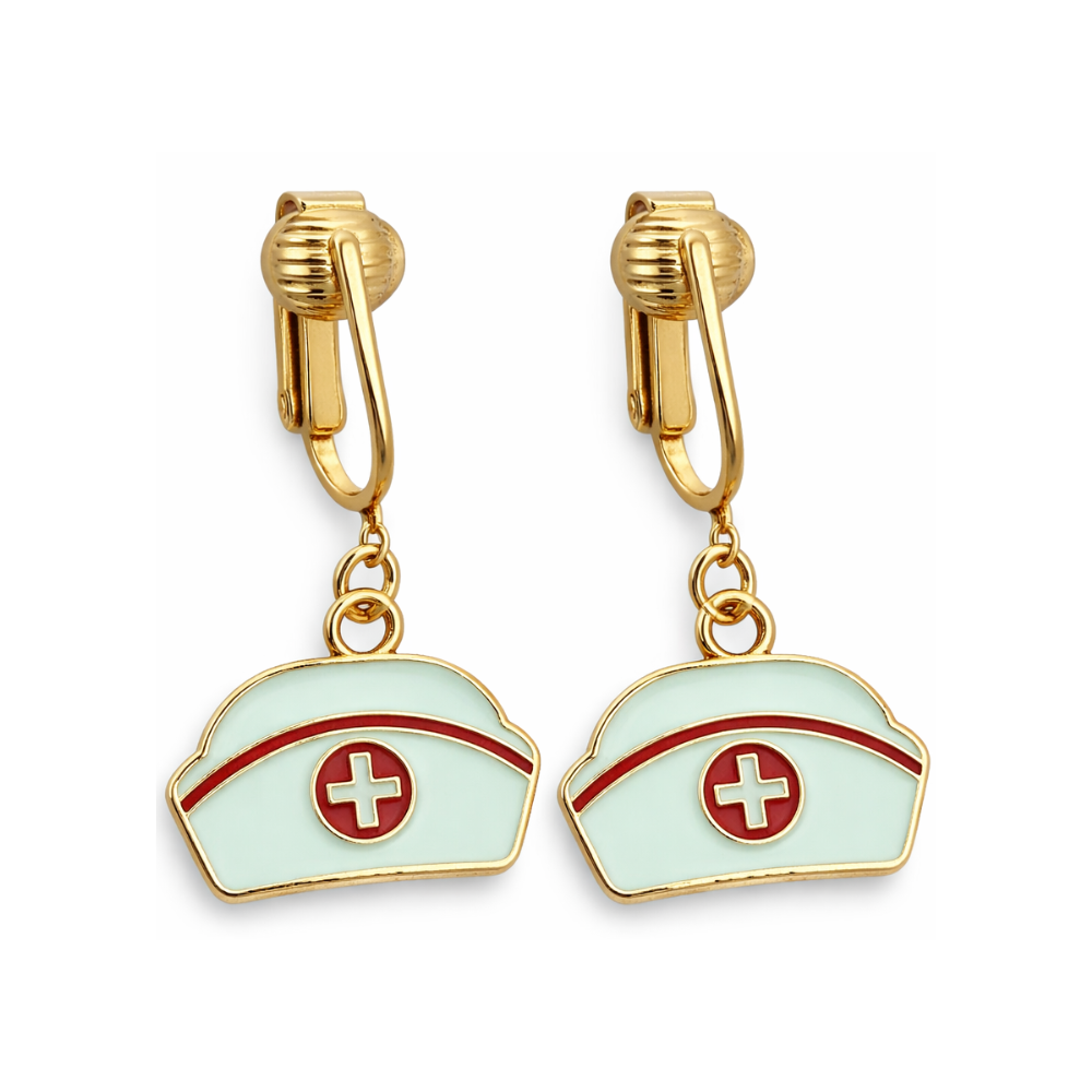 Nurse Hats Gold Clip On Dangling Earrings