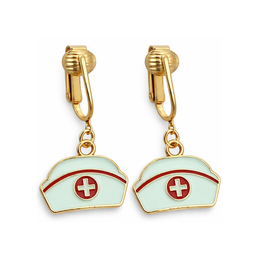 Nurse Hats Gold Clip On Dangling Earrings