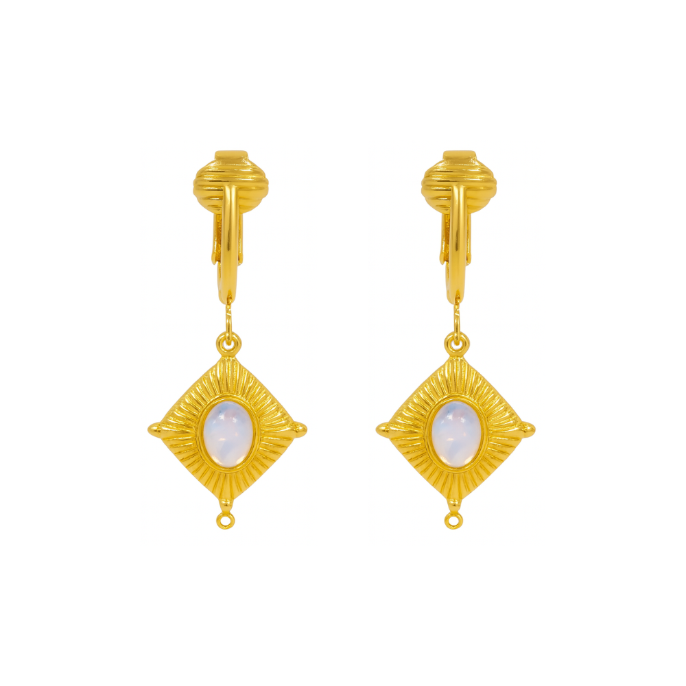 Gold Opalite Diamonds Clip On Dangling Earrings